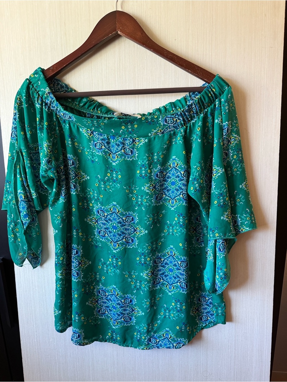 Off-Shoulder Green Boho Print Women's Top